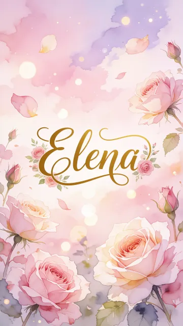 Elena diseño 10 - Diseño estilo acuarela con un fondo etéreo y texturizado en nubes de tonos rosa pastel y lila suave. Presenta composiciones de rosas abiertas y capullos en los bordes inferior y superior, con pétalos cayendo delicadamente. Incorpora destellos de luz cálida (efecto bokeh) y, en el centro, resalta una tipografía elegante, cursiva y fluida en color dorado.