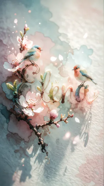 Elena diseño 11 - Un delicado diseño de estilo acuarela digital que combina una tipografía de caligrafía personalizada para el nombre en tonos dorados y rosados suaves, adornada con pequeñas hojas y brotes. Un pajarito azul y naranja vibrante está posado en una de las letras. Todo está rodeado por un marco circular de ramas de cerezo en flor con delicadas flores rosadas y blancas. El fondo es un lavado de acuarela difuminado en tonos pastel suaves de azul cerceta, rosa rubor y melocotón sobre una textura de papel rugoso, con destellos luminosos y motas de luz bokeh flotando alrededor, creando una atmósfera mágica y soñadora. Las sombras suaves proyectadas añaden profundidad.
