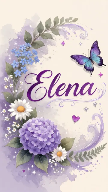 Elena diseño 2 - Diseño elegante de hortensias en tonos lila y morados suaves, con volutas estilizadas y una mariposa mística que aporta un toque etéreo y mágico.