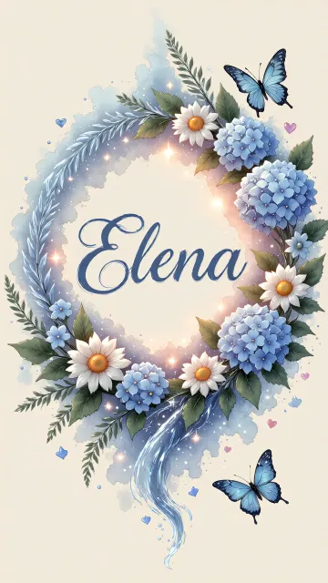 Elena diseño 4 - Composición magica con nombre en letra cursiva azul, rodeado de hortensias azules, margaritas blancas y delicadas flores silvestres, enmarcado por suaves remolinos de agua, mariposas azules y destellos estelares sobre un fondo etéreo y romántico.