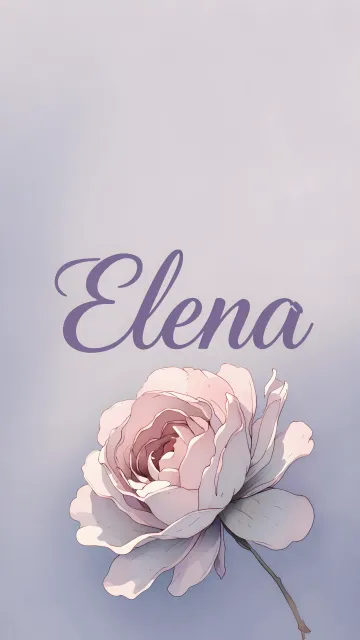 Elena diseño 5 - Nombre en elegante tipografía cursiva caligráfica en tono lavanda, sobre fondo acuarela de cielo nublado en tonos pastel (azul, blanco, lavanda), decorado con rosa en acuarela de pétalos rosa pálido, blanco crema y lilas suaves con hojas en gris-verde.