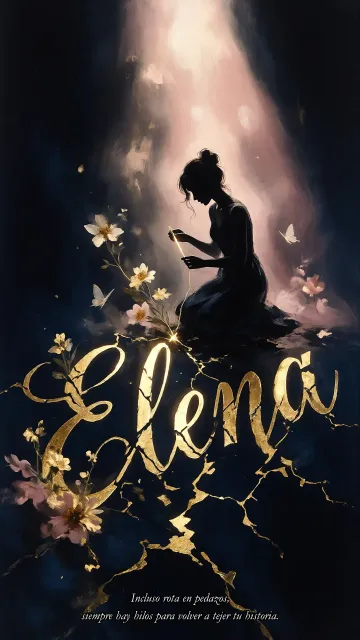 Elena diseño 6 - Composición de ilustración semirrealista cinematográfica con silueta femenina tejiendo un hilo dorado de luz sobre un suelo oscuro fracturado al estilo Kintsugi, donde el nombre resalta en un prominente guión caligráfico dorado que emerge de las grietas, rodeado de flores blancas, mariposas y un fondo degradado de azules profundos iluminado por una luz celestial en tonos melocotón y crema, con una frase de aliento en tipografía blanca en la parte inferior.