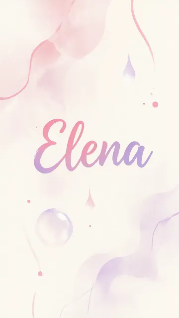 Elena diseño 7 - Diseño abstracto en acuarela sobre fondo crema, con manchas fluidas y etéreas en rosa pastel y lila, líneas curvas que aportan movimiento, pequeñas gotas salpicadas cayendo verticalmente y una burbuja translúcida en la parte superior izquierda. El nombre resalta al centro con una tipografía cursiva amplia y elegante en degradado rosa a morado.