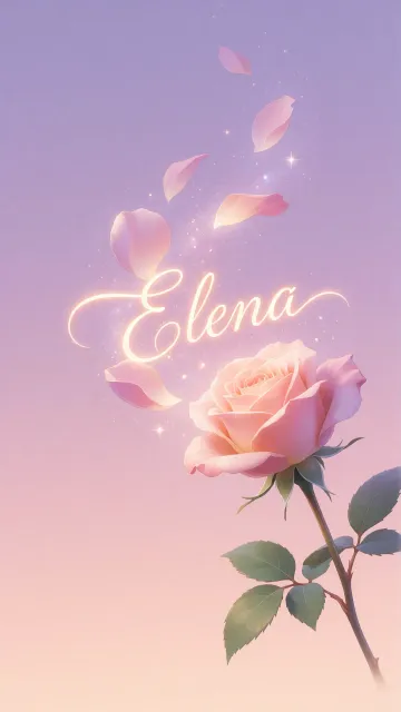 Elena diseño 8 - Fondo de Pantalla con degradado suave que transiciona de lila en la parte superior a melocotón y rosa pastel en la base, destacando una rosa rosada hiperrealista con tallo y hojas verdes. El nombre brilla en tipografía cursiva con efecto neón cálido, adornado con pétalos cayendo y chispas de luz mágica.