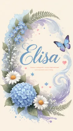 Elisa - Hortensias azules, flores pequeñas y acuarela suave con mariposas azules y brillo etéreo