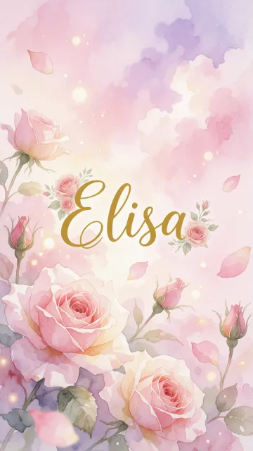 Elisa diseño 10 - Diseño estilo acuarela con un fondo etéreo y texturizado en nubes de tonos rosa pastel y lila suave. Presenta composiciones de rosas abiertas y capullos en los bordes inferior y superior, con pétalos cayendo delicadamente. Incorpora destellos de luz cálida (efecto bokeh) y, en el centro, resalta una tipografía elegante, cursiva y fluida en color dorado.