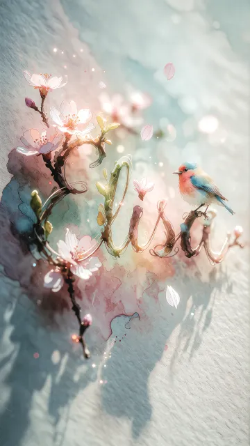 Elisa diseño 11 - Un delicado diseño de estilo acuarela digital que combina una tipografía de caligrafía personalizada para el nombre en tonos dorados y rosados suaves, adornada con pequeñas hojas y brotes. Un pajarito azul y naranja vibrante está posado en una de las letras. Todo está rodeado por un marco circular de ramas de cerezo en flor con delicadas flores rosadas y blancas. El fondo es un lavado de acuarela difuminado en tonos pastel suaves de azul cerceta, rosa rubor y melocotón sobre una textura de papel rugoso, con destellos luminosos y motas de luz bokeh flotando alrededor, creando una atmósfera mágica y soñadora. Las sombras suaves proyectadas añaden profundidad.