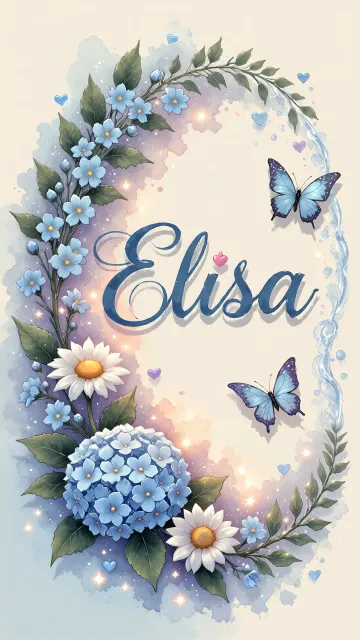 Elisa diseño 4 - Composición magica con nombre en letra cursiva azul, rodeado de hortensias azules, margaritas blancas y delicadas flores silvestres, enmarcado por suaves remolinos de agua, mariposas azules y destellos estelares sobre un fondo etéreo y romántico.