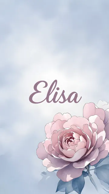 Elisa diseño 5 - Nombre en elegante tipografía cursiva caligráfica en tono lavanda, sobre fondo acuarela de cielo nublado en tonos pastel (azul, blanco, lavanda), decorado con rosa en acuarela de pétalos rosa pálido, blanco crema y lilas suaves con hojas en gris-verde.