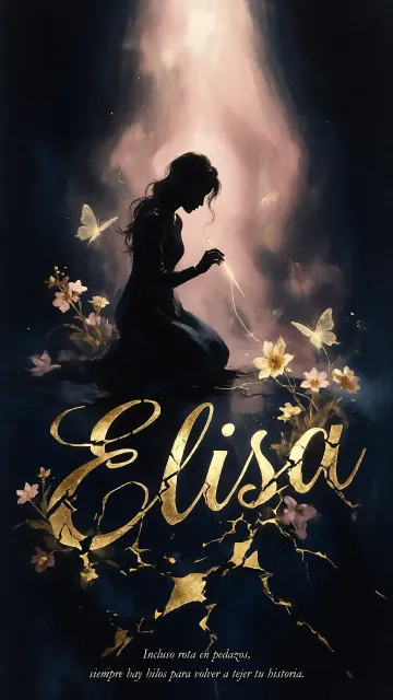 Elisa diseño 6 - Composición de ilustración semirrealista cinematográfica con silueta femenina tejiendo un hilo dorado de luz sobre un suelo oscuro fracturado al estilo Kintsugi, donde el nombre resalta en un prominente guión caligráfico dorado que emerge de las grietas, rodeado de flores blancas, mariposas y un fondo degradado de azules profundos iluminado por una luz celestial en tonos melocotón y crema, con una frase de aliento en tipografía blanca en la parte inferior.