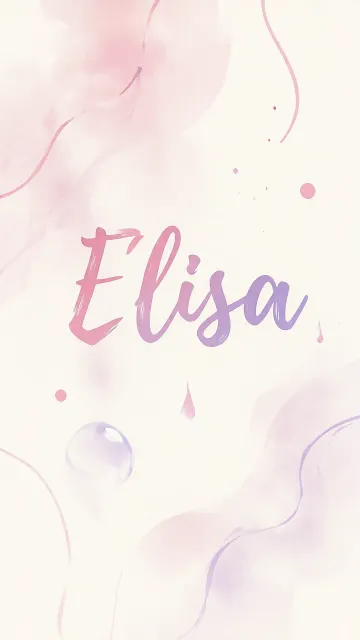 Elisa diseño 7 - Diseño abstracto en acuarela sobre fondo crema, con manchas fluidas y etéreas en rosa pastel y lila, líneas curvas que aportan movimiento, pequeñas gotas salpicadas cayendo verticalmente y una burbuja translúcida en la parte superior izquierda. El nombre resalta al centro con una tipografía cursiva amplia y elegante en degradado rosa a morado.