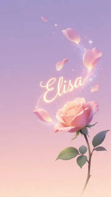 Elisa diseño 8 - Fondo de Pantalla con degradado suave que transiciona de lila en la parte superior a melocotón y rosa pastel en la base, destacando una rosa rosada hiperrealista con tallo y hojas verdes. El nombre brilla en tipografía cursiva con efecto neón cálido, adornado con pétalos cayendo y chispas de luz mágica.