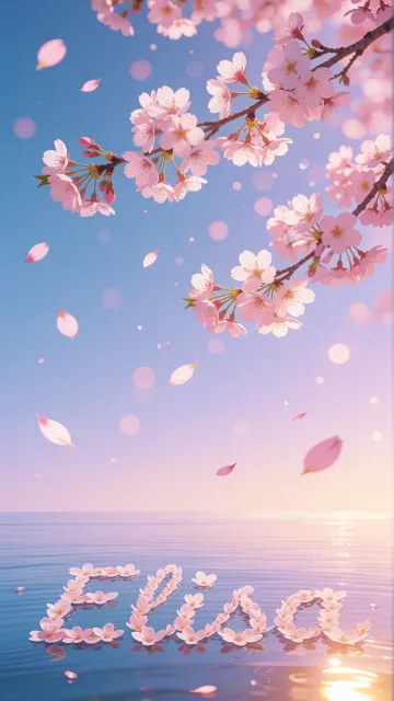 Elisa diseño 9 - Composición serena y onírica con ramas de cerezo en flor (sakura) en la parte superior contra un cielo en degradado de azul suave y lila. Pétalos de color rosa pastel flotan delicadamente en el aire cayendo hacia una superficie de agua tranquila y cristalina. En el centro inferior, el nombre está formado por pétalos de flores con un sutil efecto de relieve 3D y tipografía floral, reflejándose sobre el agua que está iluminada por un cálido destello dorado de luz solar en la esquina inferior derecha.
