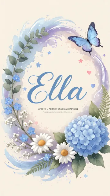 Ella diseño 1 - Hortensias azules, flores pequeñas y acuarela suave con mariposas azules y brillo etéreo