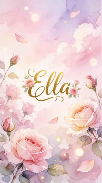 Ella diseño 10 - Diseño estilo acuarela con un fondo etéreo y texturizado en nubes de tonos rosa pastel y lila suave. Presenta composiciones de rosas abiertas y capullos en los bordes inferior y superior, con pétalos cayendo delicadamente. Incorpora destellos de luz cálida (efecto bokeh) y, en el centro, resalta una tipografía elegante, cursiva y fluida en color dorado.