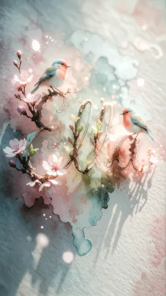 Ella - Un delicado diseño de estilo acuarela digital que combina una tipografía de caligrafía personalizada para el nombre en tonos dorados y rosados suaves, adornada con pequeñas hojas y brotes. Un pajarito azul y naranja vibrante está posado en una de las letras. Todo está rodeado por un marco circular de ramas de cerezo en flor con delicadas flores rosadas y blancas. El fondo es un lavado de acuarela difuminado en tonos pastel suaves de azul cerceta, rosa rubor y melocotón sobre una textura de papel rugoso, con destellos luminosos y motas de luz bokeh flotando alrededor, creando una atmósfera mágica y soñadora. Las sombras suaves proyectadas añaden profundidad.