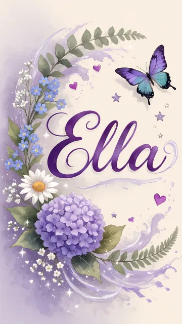 Ella diseño 2 - Diseño elegante de hortensias en tonos lila y morados suaves, con volutas estilizadas y una mariposa mística que aporta un toque etéreo y mágico.