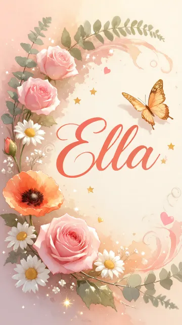 Ella diseño 3 - Elegante composición de rosas rosadas y amapolas naranjas con mariposas doradas brillantes sobre un fondo cálido, romántico y mágico.
