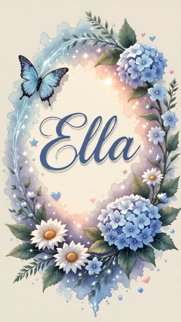 Ella diseño 4 - Composición magica con nombre en letra cursiva azul, rodeado de hortensias azules, margaritas blancas y delicadas flores silvestres, enmarcado por suaves remolinos de agua, mariposas azules y destellos estelares sobre un fondo etéreo y romántico.