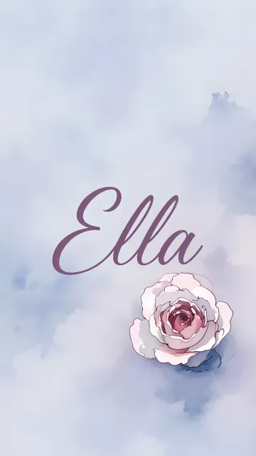 Ella diseño 5 - Nombre en elegante tipografía cursiva caligráfica en tono lavanda, sobre fondo acuarela de cielo nublado en tonos pastel (azul, blanco, lavanda), decorado con rosa en acuarela de pétalos rosa pálido, blanco crema y lilas suaves con hojas en gris-verde.