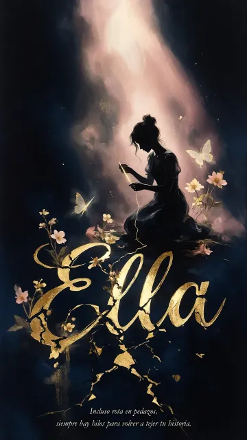 Ella diseño 6 - Composición de ilustración semirrealista cinematográfica con silueta femenina tejiendo un hilo dorado de luz sobre un suelo oscuro fracturado al estilo Kintsugi, donde el nombre resalta en un prominente guión caligráfico dorado que emerge de las grietas, rodeado de flores blancas, mariposas y un fondo degradado de azules profundos iluminado por una luz celestial en tonos melocotón y crema, con una frase de aliento en tipografía blanca en la parte inferior.