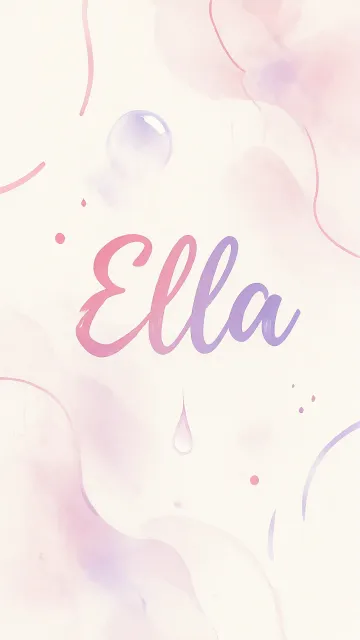 Ella diseño 7 - Diseño abstracto en acuarela sobre fondo crema, con manchas fluidas y etéreas en rosa pastel y lila, líneas curvas que aportan movimiento, pequeñas gotas salpicadas cayendo verticalmente y una burbuja translúcida en la parte superior izquierda. El nombre resalta al centro con una tipografía cursiva amplia y elegante en degradado rosa a morado.