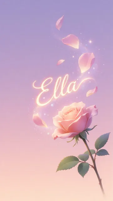Ella diseño 8 - Fondo de Pantalla con degradado suave que transiciona de lila en la parte superior a melocotón y rosa pastel en la base, destacando una rosa rosada hiperrealista con tallo y hojas verdes. El nombre brilla en tipografía cursiva con efecto neón cálido, adornado con pétalos cayendo y chispas de luz mágica.