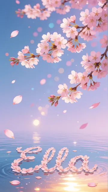 Ella diseño 9 - Composición serena y onírica con ramas de cerezo en flor (sakura) en la parte superior contra un cielo en degradado de azul suave y lila. Pétalos de color rosa pastel flotan delicadamente en el aire cayendo hacia una superficie de agua tranquila y cristalina. En el centro inferior, el nombre está formado por pétalos de flores con un sutil efecto de relieve 3D y tipografía floral, reflejándose sobre el agua que está iluminada por un cálido destello dorado de luz solar en la esquina inferior derecha.