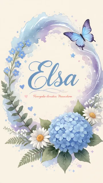 Elsa diseño 1 - Hortensias azules, flores pequeñas y acuarela suave con mariposas azules y brillo etéreo