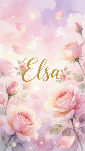 Elsa diseño 10 - Diseño estilo acuarela con un fondo etéreo y texturizado en nubes de tonos rosa pastel y lila suave. Presenta composiciones de rosas abiertas y capullos en los bordes inferior y superior, con pétalos cayendo delicadamente. Incorpora destellos de luz cálida (efecto bokeh) y, en el centro, resalta una tipografía elegante, cursiva y fluida en color dorado.