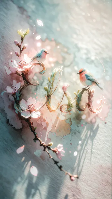 Elsa diseño 11 - Un delicado diseño de estilo acuarela digital que combina una tipografía de caligrafía personalizada para el nombre en tonos dorados y rosados suaves, adornada con pequeñas hojas y brotes. Un pajarito azul y naranja vibrante está posado en una de las letras. Todo está rodeado por un marco circular de ramas de cerezo en flor con delicadas flores rosadas y blancas. El fondo es un lavado de acuarela difuminado en tonos pastel suaves de azul cerceta, rosa rubor y melocotón sobre una textura de papel rugoso, con destellos luminosos y motas de luz bokeh flotando alrededor, creando una atmósfera mágica y soñadora. Las sombras suaves proyectadas añaden profundidad.