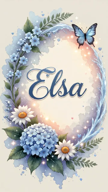 Elsa diseño 4 - Composición magica con nombre en letra cursiva azul, rodeado de hortensias azules, margaritas blancas y delicadas flores silvestres, enmarcado por suaves remolinos de agua, mariposas azules y destellos estelares sobre un fondo etéreo y romántico.