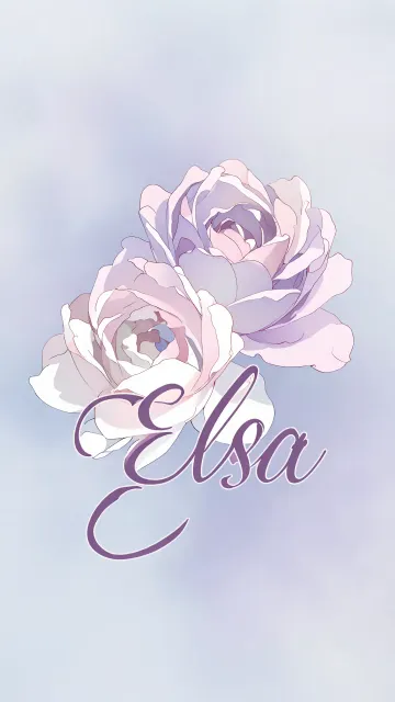 Elsa diseño 5 - Nombre en elegante tipografía cursiva caligráfica en tono lavanda, sobre fondo acuarela de cielo nublado en tonos pastel (azul, blanco, lavanda), decorado con rosa en acuarela de pétalos rosa pálido, blanco crema y lilas suaves con hojas en gris-verde.