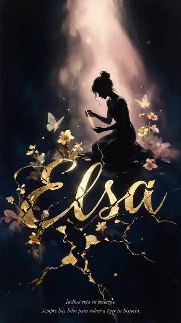 Elsa diseño 6 - Composición de ilustración semirrealista cinematográfica con silueta femenina tejiendo un hilo dorado de luz sobre un suelo oscuro fracturado al estilo Kintsugi, donde el nombre resalta en un prominente guión caligráfico dorado que emerge de las grietas, rodeado de flores blancas, mariposas y un fondo degradado de azules profundos iluminado por una luz celestial en tonos melocotón y crema, con una frase de aliento en tipografía blanca en la parte inferior.