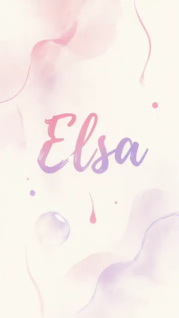 Elsa diseño 7 - Diseño abstracto en acuarela sobre fondo crema, con manchas fluidas y etéreas en rosa pastel y lila, líneas curvas que aportan movimiento, pequeñas gotas salpicadas cayendo verticalmente y una burbuja translúcida en la parte superior izquierda. El nombre resalta al centro con una tipografía cursiva amplia y elegante en degradado rosa a morado.