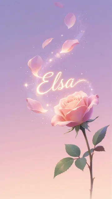 Elsa diseño 8 - Fondo de Pantalla con degradado suave que transiciona de lila en la parte superior a melocotón y rosa pastel en la base, destacando una rosa rosada hiperrealista con tallo y hojas verdes. El nombre brilla en tipografía cursiva con efecto neón cálido, adornado con pétalos cayendo y chispas de luz mágica.