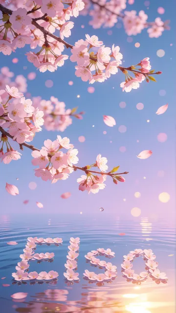 Elsa diseño 9 - Composición serena y onírica con ramas de cerezo en flor (sakura) en la parte superior contra un cielo en degradado de azul suave y lila. Pétalos de color rosa pastel flotan delicadamente en el aire cayendo hacia una superficie de agua tranquila y cristalina. En el centro inferior, el nombre está formado por pétalos de flores con un sutil efecto de relieve 3D y tipografía floral, reflejándose sobre el agua que está iluminada por un cálido destello dorado de luz solar en la esquina inferior derecha.