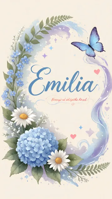Emilia diseño 1 - Hortensias azules, flores pequeñas y acuarela suave con mariposas azules y brillo etéreo