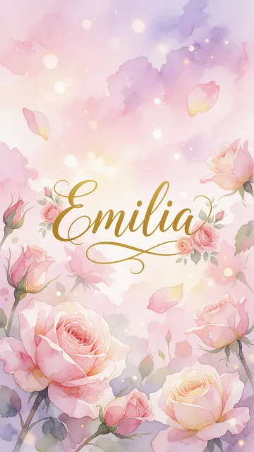 Emilia diseño 10 - Diseño estilo acuarela con un fondo etéreo y texturizado en nubes de tonos rosa pastel y lila suave. Presenta composiciones de rosas abiertas y capullos en los bordes inferior y superior, con pétalos cayendo delicadamente. Incorpora destellos de luz cálida (efecto bokeh) y, en el centro, resalta una tipografía elegante, cursiva y fluida en color dorado.