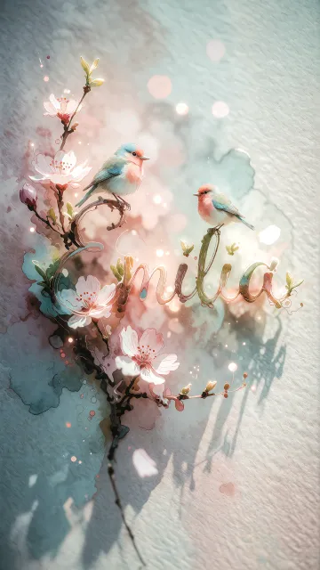 Emilia diseño 11 - Un delicado diseño de estilo acuarela digital que combina una tipografía de caligrafía personalizada para el nombre en tonos dorados y rosados suaves, adornada con pequeñas hojas y brotes. Un pajarito azul y naranja vibrante está posado en una de las letras. Todo está rodeado por un marco circular de ramas de cerezo en flor con delicadas flores rosadas y blancas. El fondo es un lavado de acuarela difuminado en tonos pastel suaves de azul cerceta, rosa rubor y melocotón sobre una textura de papel rugoso, con destellos luminosos y motas de luz bokeh flotando alrededor, creando una atmósfera mágica y soñadora. Las sombras suaves proyectadas añaden profundidad.