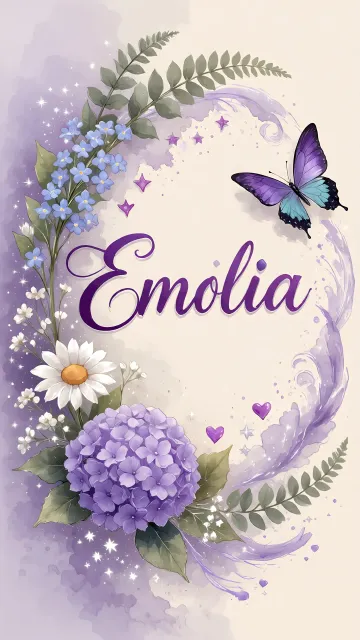 Emilia diseño 2 - Diseño elegante de hortensias en tonos lila y morados suaves, con volutas estilizadas y una mariposa mística que aporta un toque etéreo y mágico.
