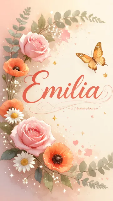 Emilia diseño 3 - Elegante composición de rosas rosadas y amapolas naranjas con mariposas doradas brillantes sobre un fondo cálido, romántico y mágico.