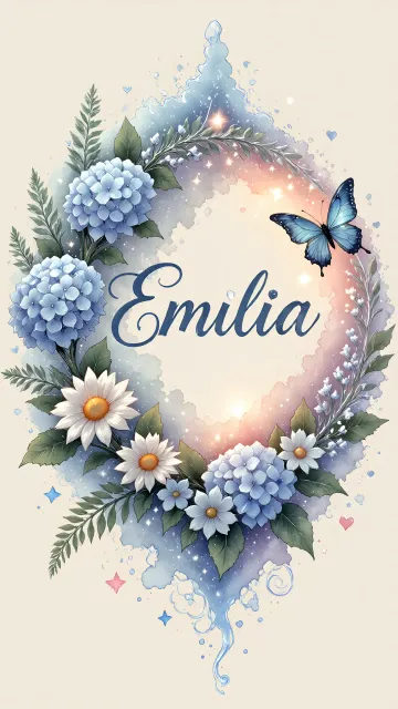 Emilia diseño 4 - Composición magica con nombre en letra cursiva azul, rodeado de hortensias azules, margaritas blancas y delicadas flores silvestres, enmarcado por suaves remolinos de agua, mariposas azules y destellos estelares sobre un fondo etéreo y romántico.