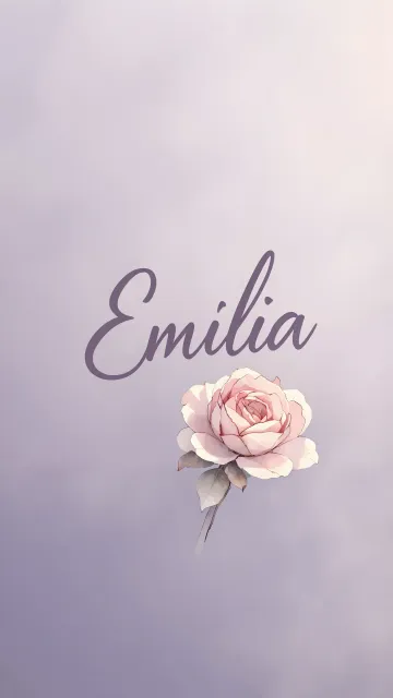 Emilia diseño 5 - Nombre en elegante tipografía cursiva caligráfica en tono lavanda, sobre fondo acuarela de cielo nublado en tonos pastel (azul, blanco, lavanda), decorado con rosa en acuarela de pétalos rosa pálido, blanco crema y lilas suaves con hojas en gris-verde.