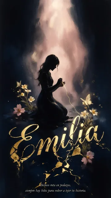 Emilia diseño 6 - Composición de ilustración semirrealista cinematográfica con silueta femenina tejiendo un hilo dorado de luz sobre un suelo oscuro fracturado al estilo Kintsugi, donde el nombre resalta en un prominente guión caligráfico dorado que emerge de las grietas, rodeado de flores blancas, mariposas y un fondo degradado de azules profundos iluminado por una luz celestial en tonos melocotón y crema, con una frase de aliento en tipografía blanca en la parte inferior.