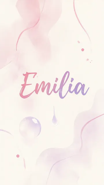 Emilia diseño 7 - Diseño abstracto en acuarela sobre fondo crema, con manchas fluidas y etéreas en rosa pastel y lila, líneas curvas que aportan movimiento, pequeñas gotas salpicadas cayendo verticalmente y una burbuja translúcida en la parte superior izquierda. El nombre resalta al centro con una tipografía cursiva amplia y elegante en degradado rosa a morado.