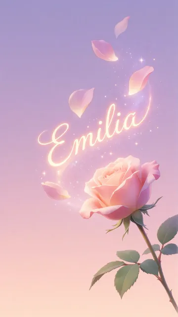 Emilia diseño 8 - Fondo de Pantalla con degradado suave que transiciona de lila en la parte superior a melocotón y rosa pastel en la base, destacando una rosa rosada hiperrealista con tallo y hojas verdes. El nombre brilla en tipografía cursiva con efecto neón cálido, adornado con pétalos cayendo y chispas de luz mágica.