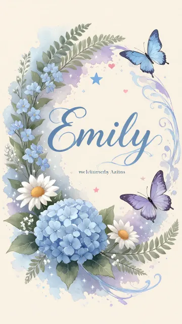 Emily diseño 1 - Hortensias azules, flores pequeñas y acuarela suave con mariposas azules y brillo etéreo