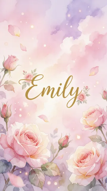 Emily diseño 10 - Diseño estilo acuarela con un fondo etéreo y texturizado en nubes de tonos rosa pastel y lila suave. Presenta composiciones de rosas abiertas y capullos en los bordes inferior y superior, con pétalos cayendo delicadamente. Incorpora destellos de luz cálida (efecto bokeh) y, en el centro, resalta una tipografía elegante, cursiva y fluida en color dorado.