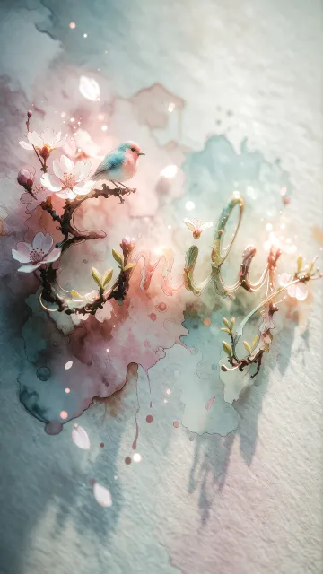 Emily diseño 11 - Un delicado diseño de estilo acuarela digital que combina una tipografía de caligrafía personalizada para el nombre en tonos dorados y rosados suaves, adornada con pequeñas hojas y brotes. Un pajarito azul y naranja vibrante está posado en una de las letras. Todo está rodeado por un marco circular de ramas de cerezo en flor con delicadas flores rosadas y blancas. El fondo es un lavado de acuarela difuminado en tonos pastel suaves de azul cerceta, rosa rubor y melocotón sobre una textura de papel rugoso, con destellos luminosos y motas de luz bokeh flotando alrededor, creando una atmósfera mágica y soñadora. Las sombras suaves proyectadas añaden profundidad.